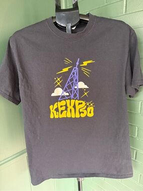 Port and Company Black Short Sleeve Tee with Yellow & Purple Radio Tower Graphic